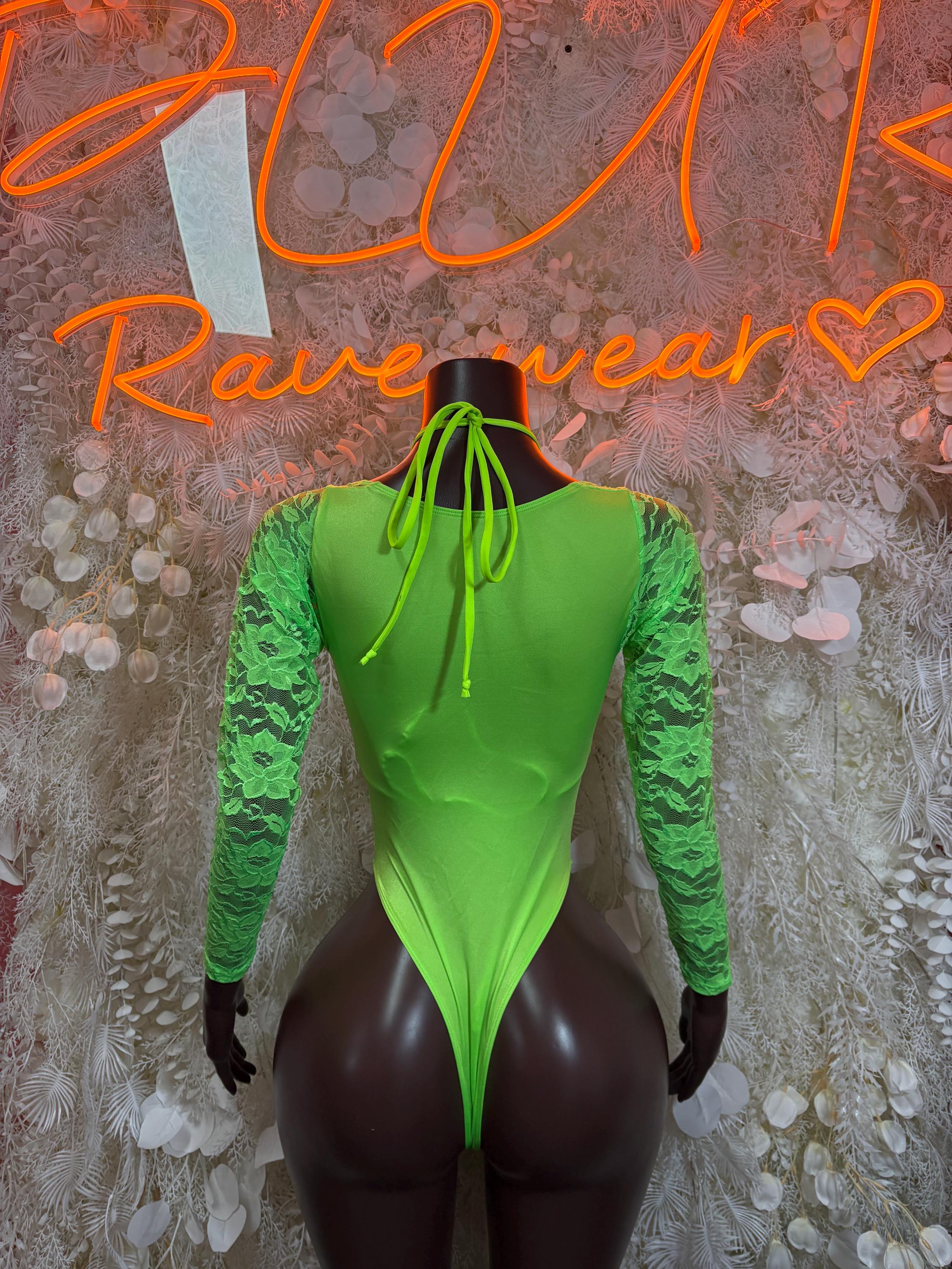 Neon green lace bodysuit back view with long sleeves and laced open back