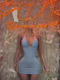 Baby blue one-piece mini dress with halter neckline and ruching