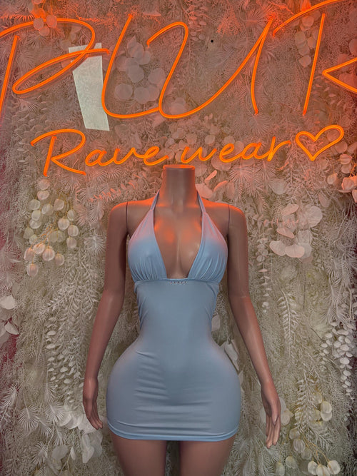 Baby blue one-piece mini dress with halter neckline and ruching