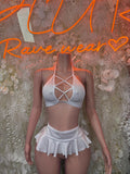 White strappy bralette with lace-up front and white ruffled mini skirt set
