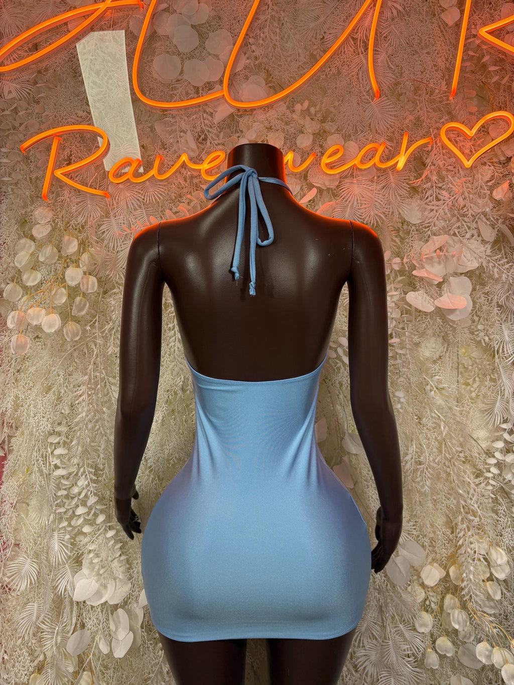 Baby blue mini dress back view with halter tie and open back