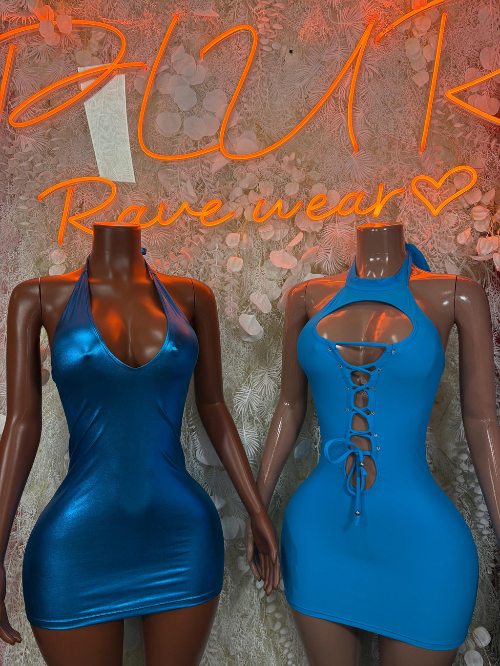 Blue metallic mini dress set, V-neck front and lace-up halter style
