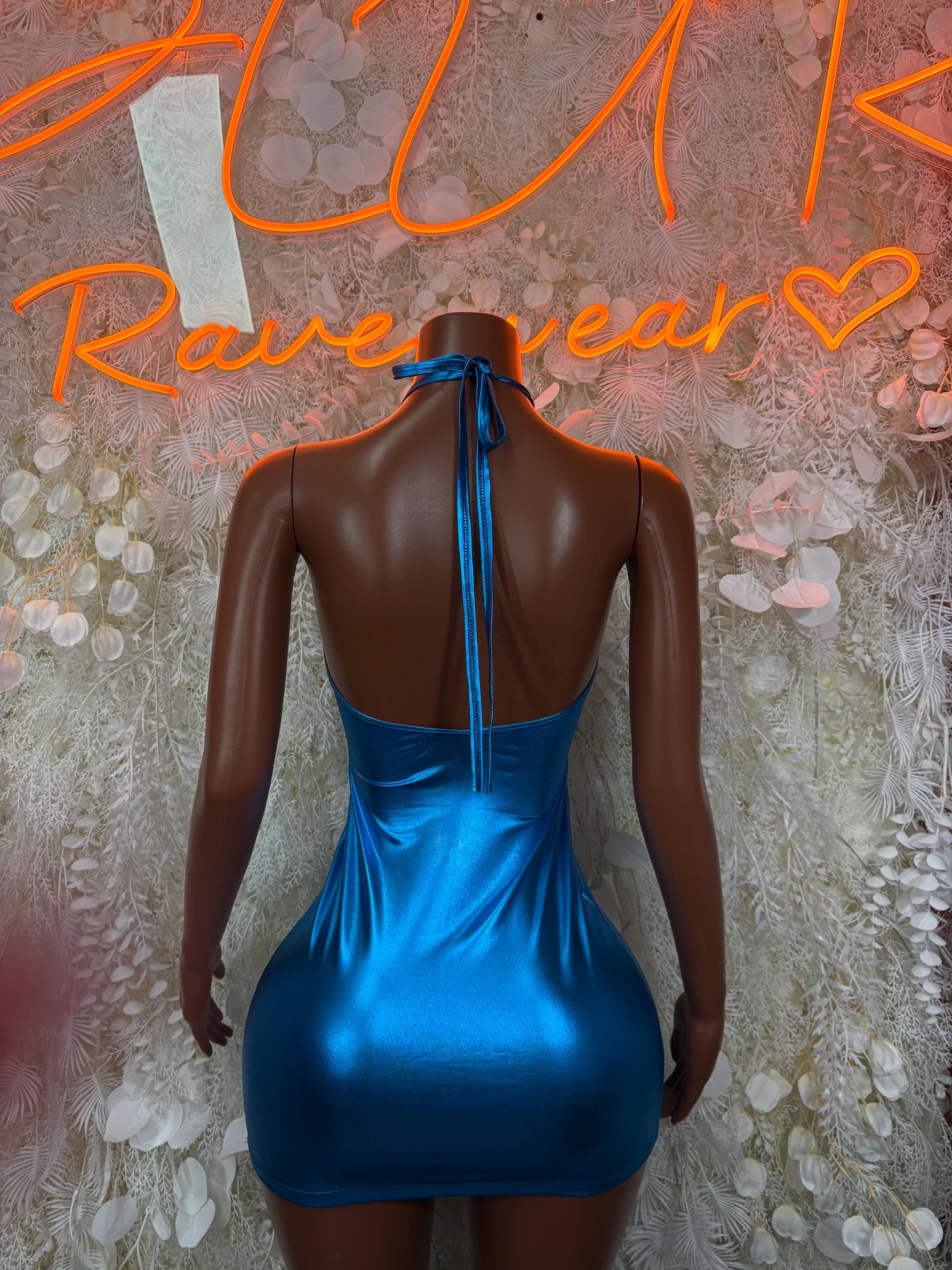 Blue metallic mini dress back view, halter tie straps and open back