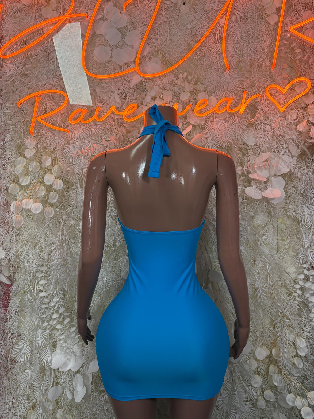 Blue satin mini dress, open back with halter tie and lace-up detail