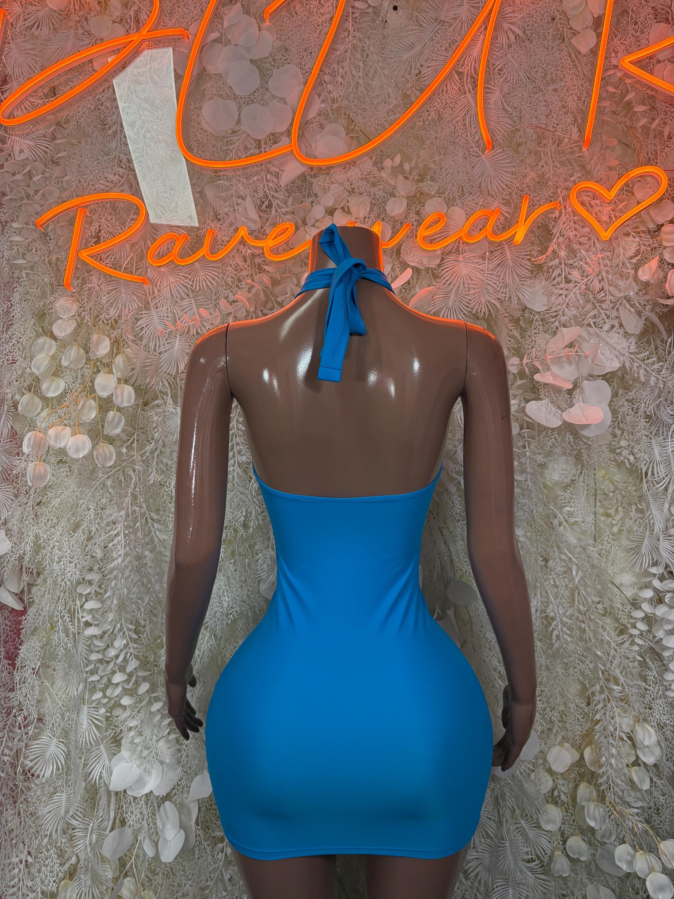 Blue satin mini dress, open back with halter tie and lace-up detail