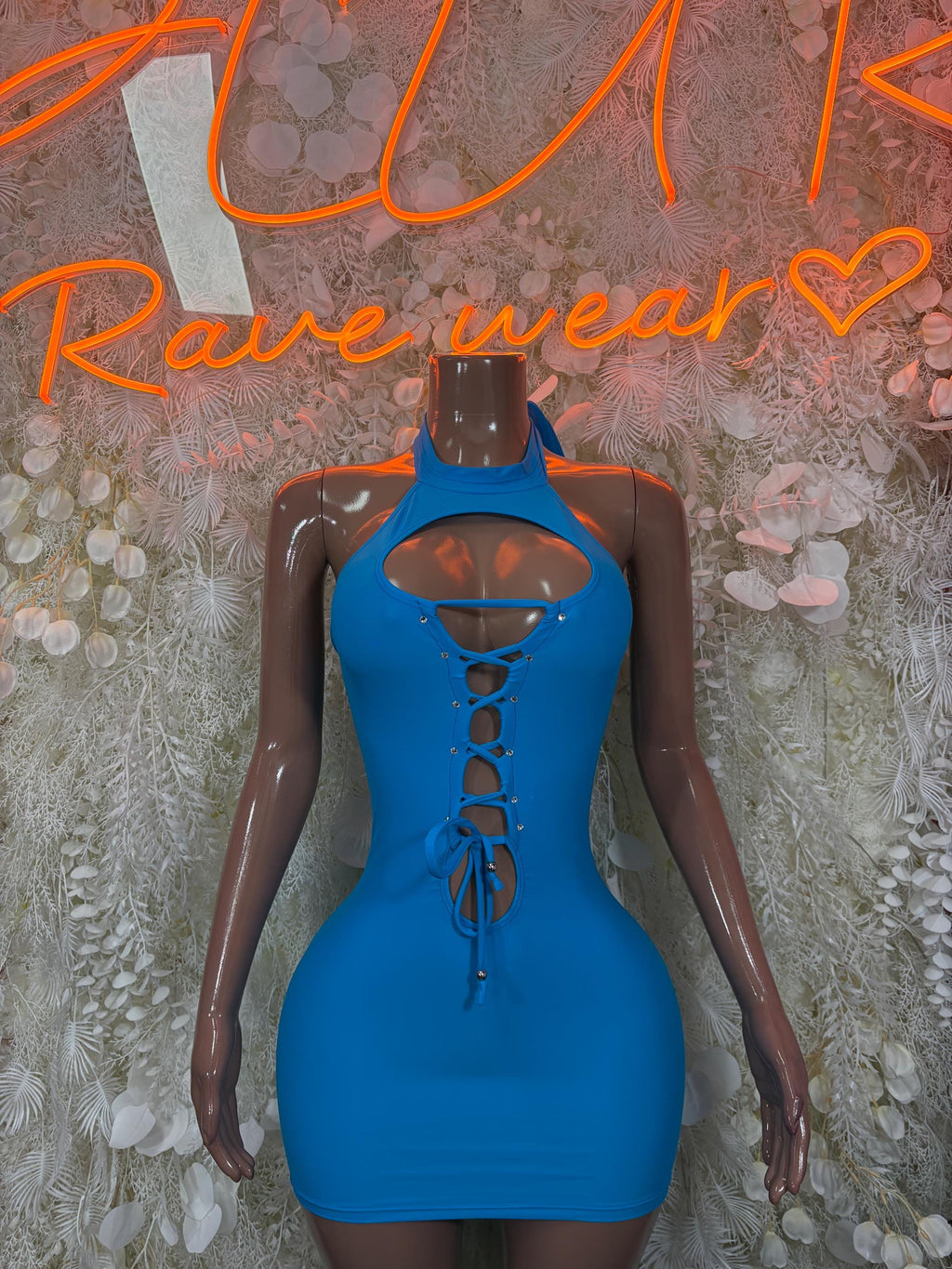 Blue satin mini dress, halter neckline with lace-up front and bodycon fit