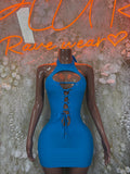Blue satin mini dress, halter neckline with lace-up front and bodycon fit