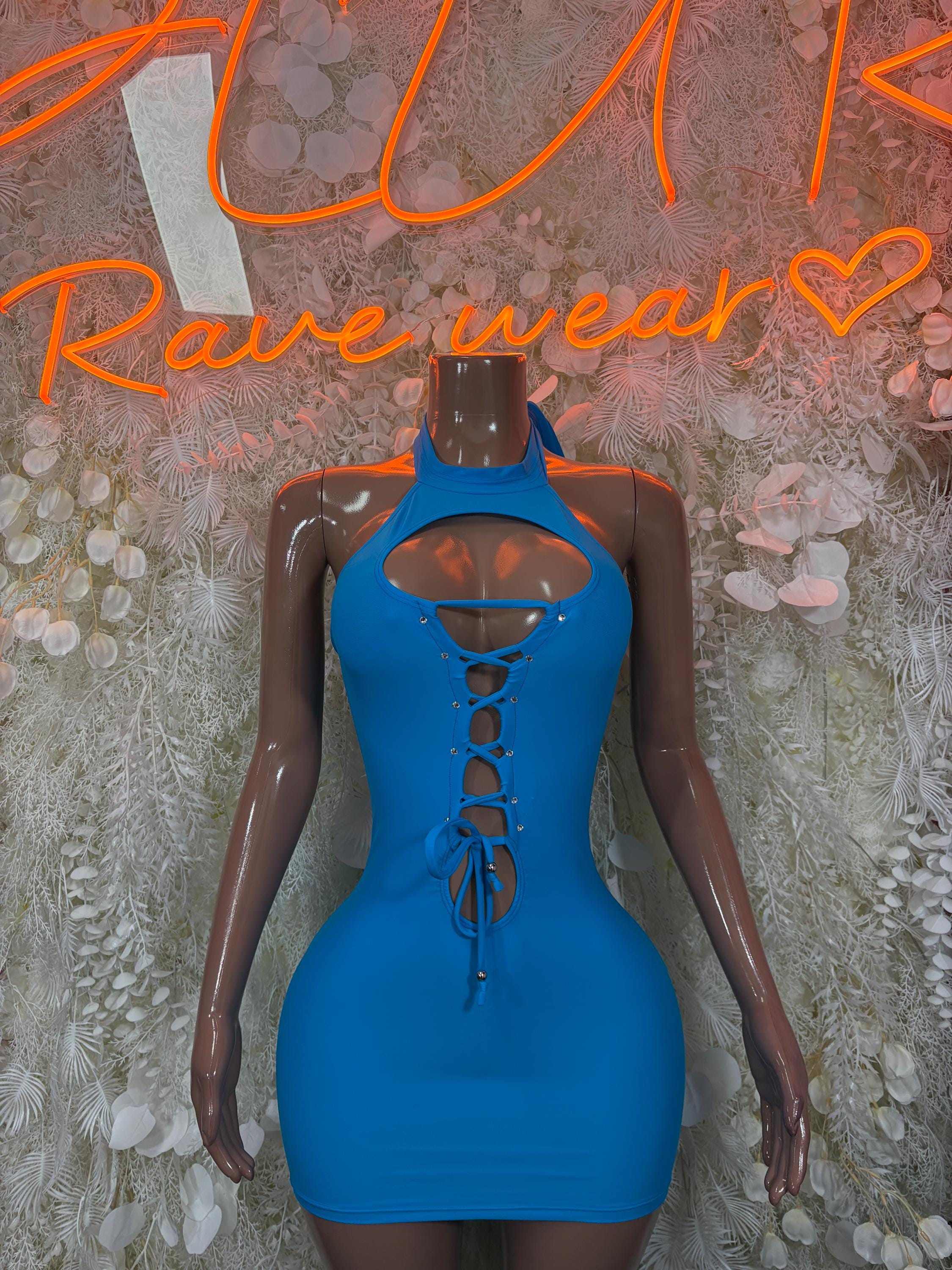 Blue satin mini dress, halter neckline with lace-up front and bodycon fit
