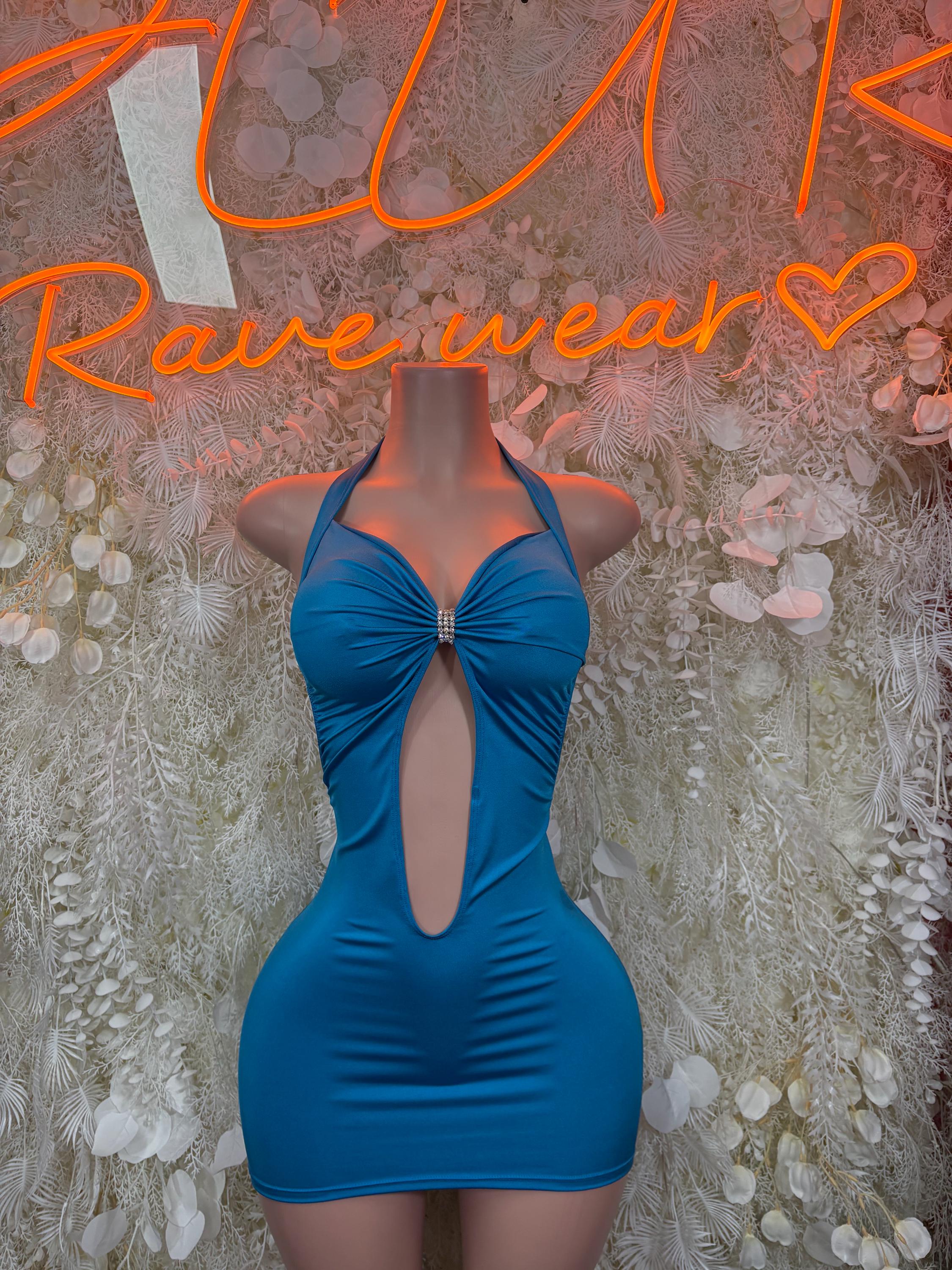 Turquoise mini dress with halter neckline, ruched cups, and central cutout front