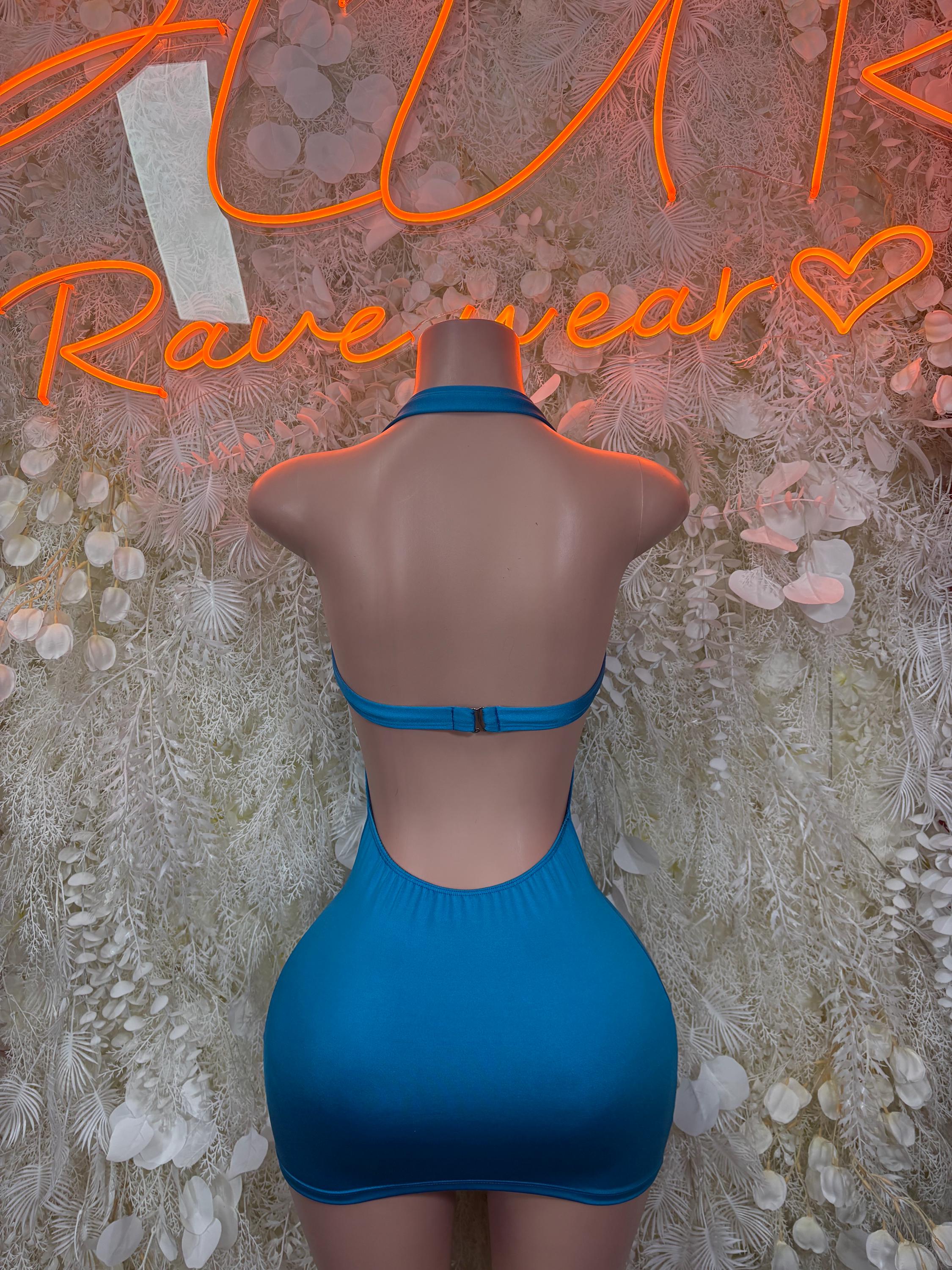 Turquoise backless mini dress with halter straps and keyhole cutout back