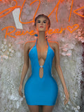 Turquoise halter club dress with teardrop cutout front, sparkly fabric
