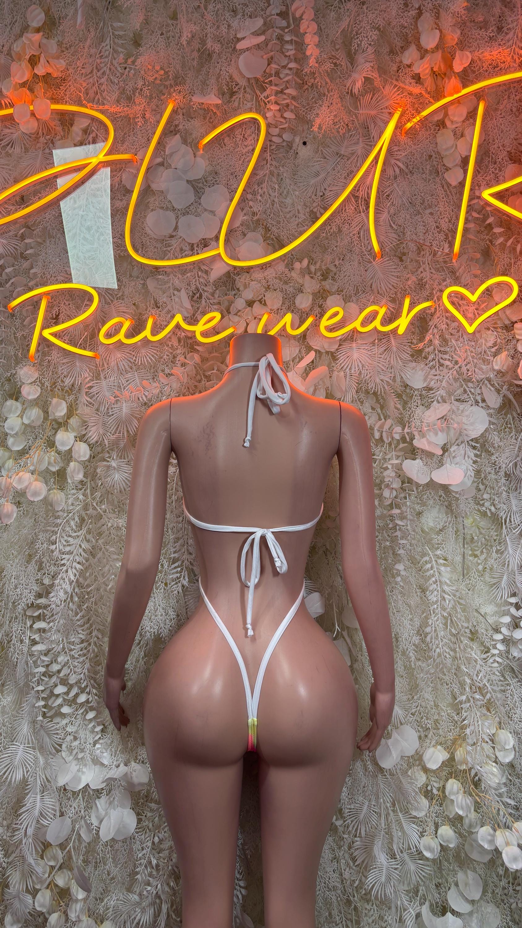 Multicolor triangle rave bodysuit with back tie straps, high-cut sides