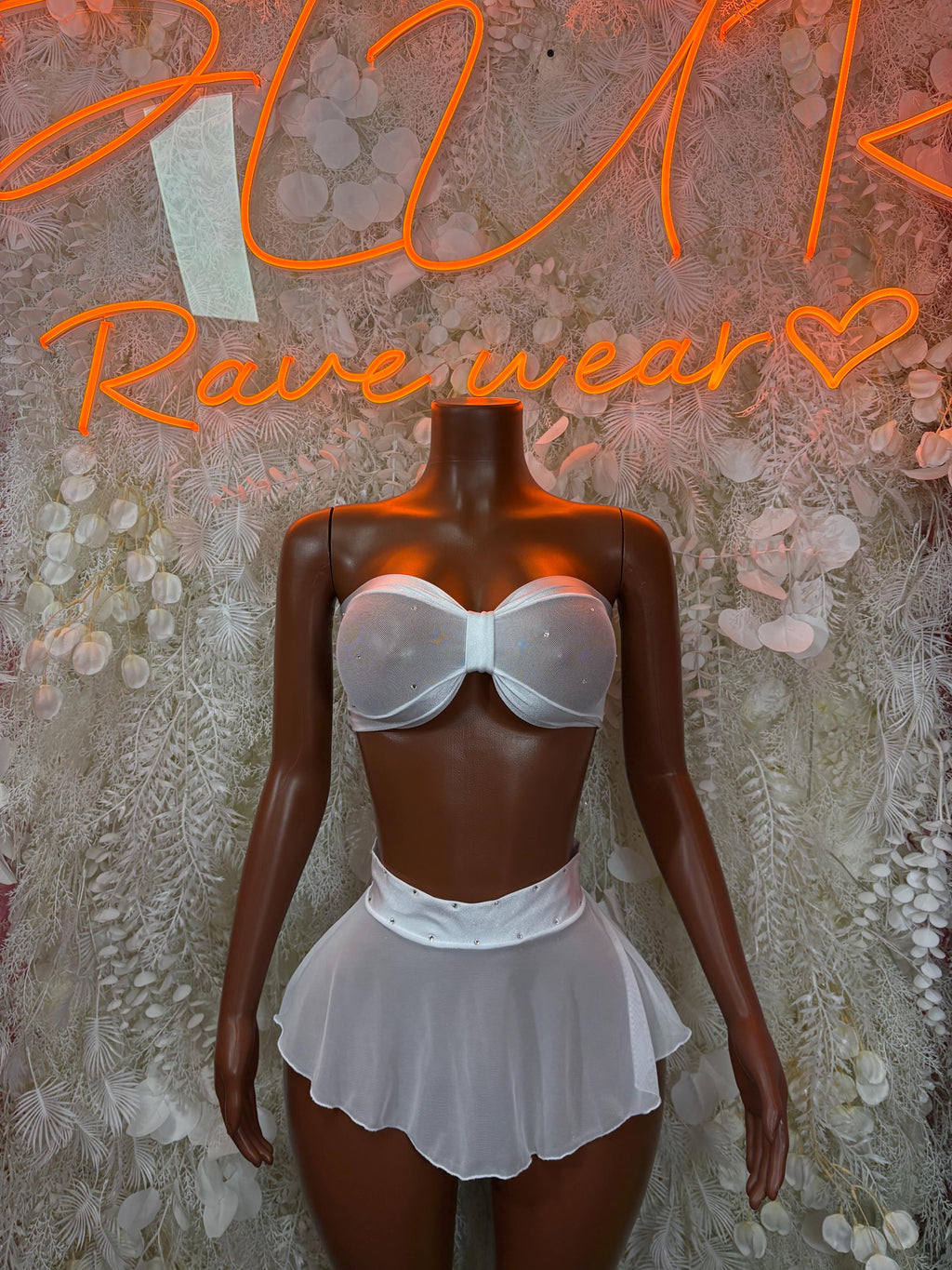White mesh two-piece skirt set with bandeau bra top and layered ruffle skirt, front view