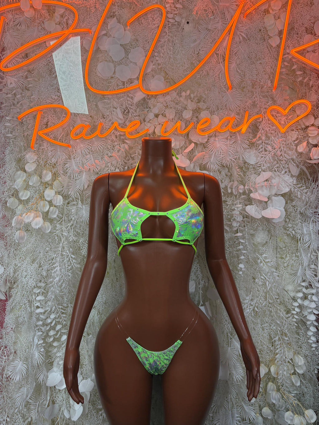 Ravewear Outfit Two-Piece Neon Metallic Set - Hologram Design | Exotic Dancewear Festival Clothing, Raves
