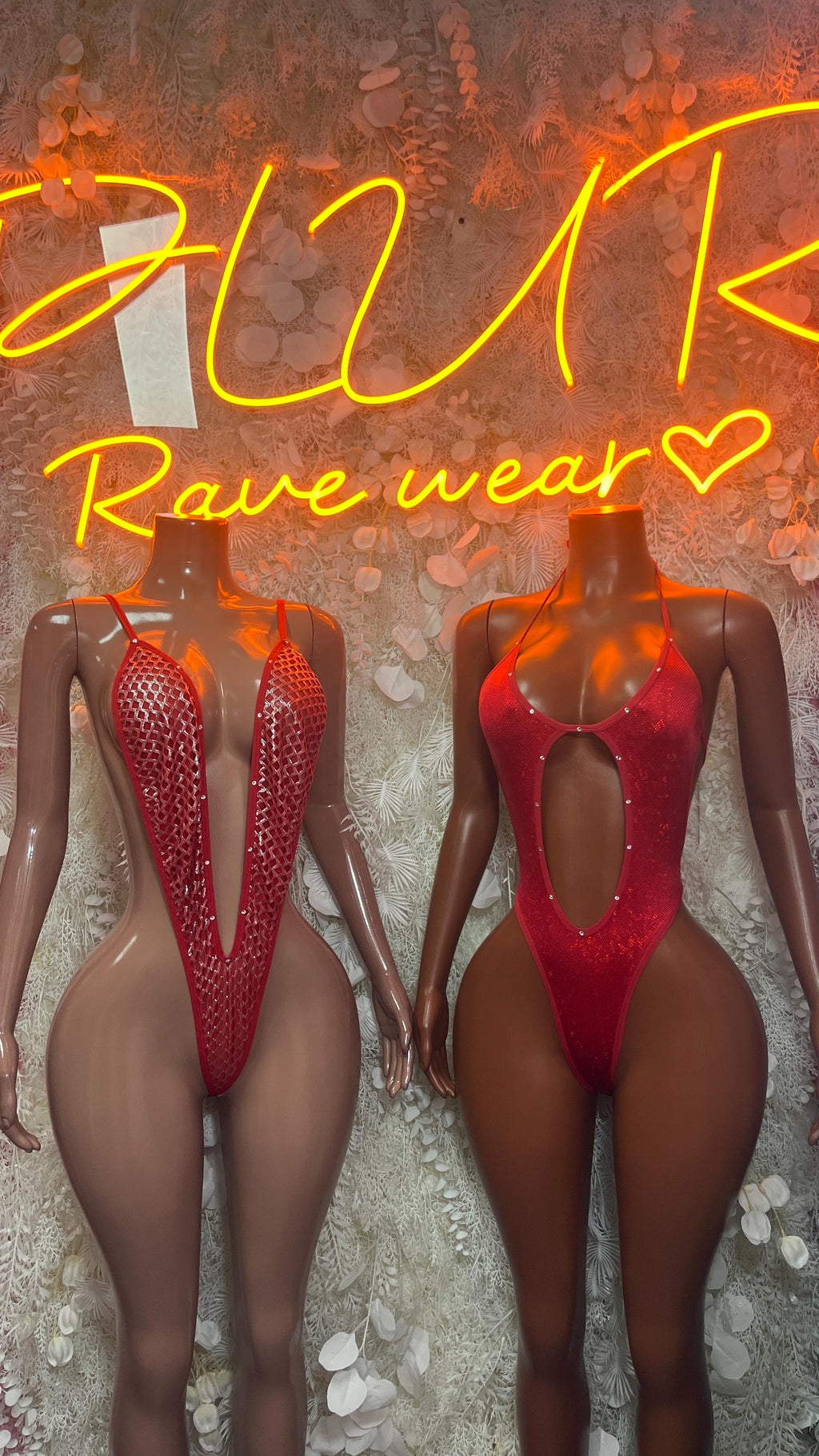 Red mesh bodysuit, deep V front and cutout back shown on two views