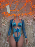 Turquoise velvet long-sleeve bodysuit with lace-up chest and high-cut front