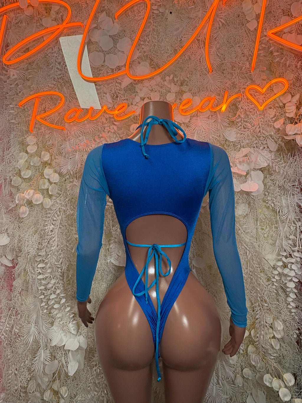 Turquoise metallic bodysuit with open back and crisscross lace tie straps