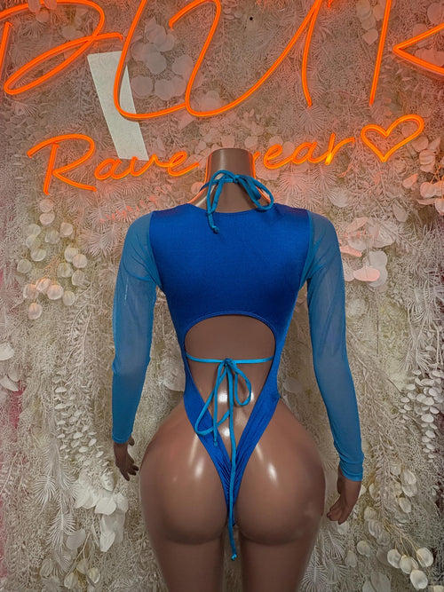 Turquoise metallic bodysuit with open back and crisscross lace tie straps