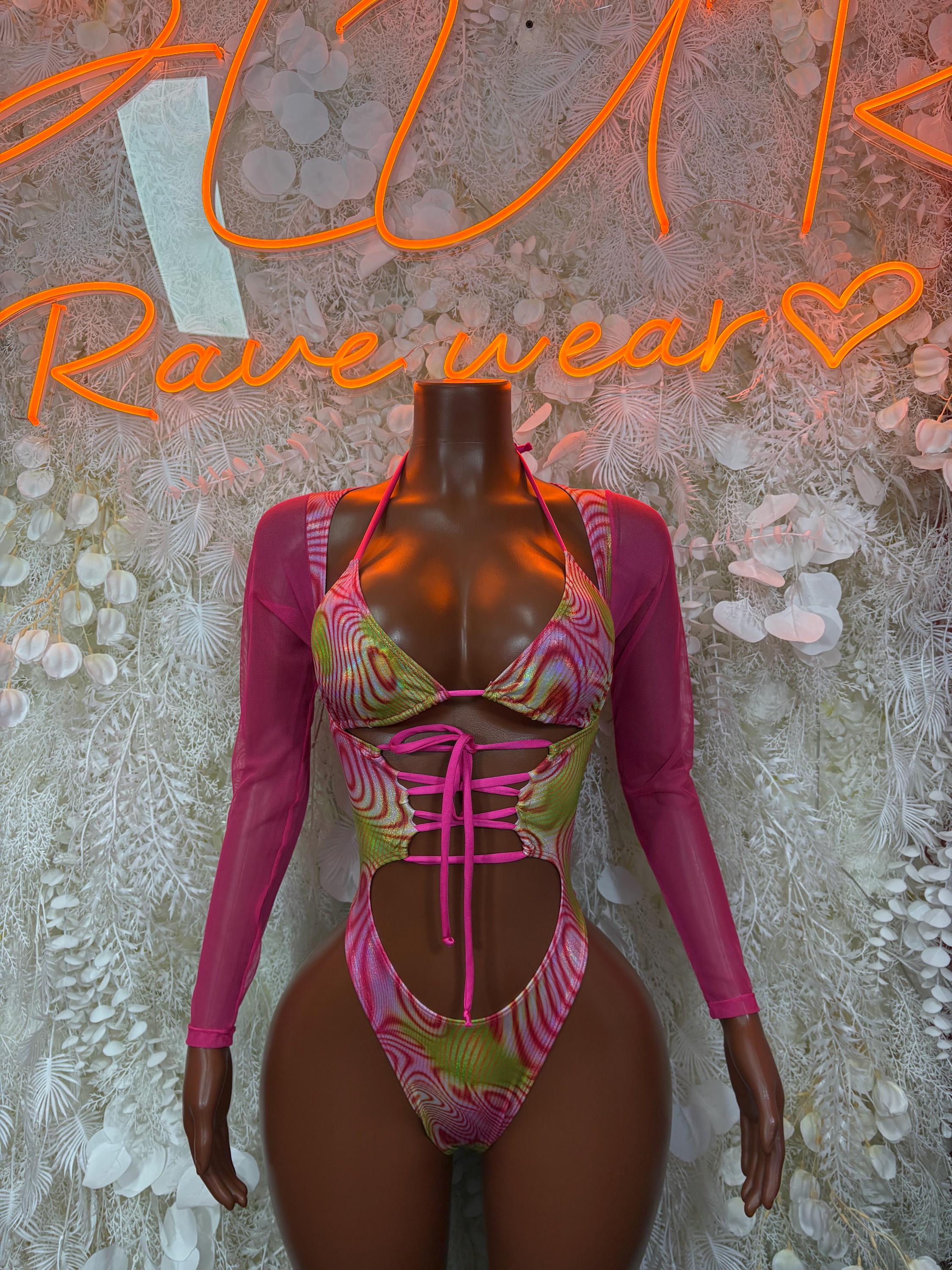 Magenta bodysuit with neon green/pink pattern, long sleeves, lace-up front cutout