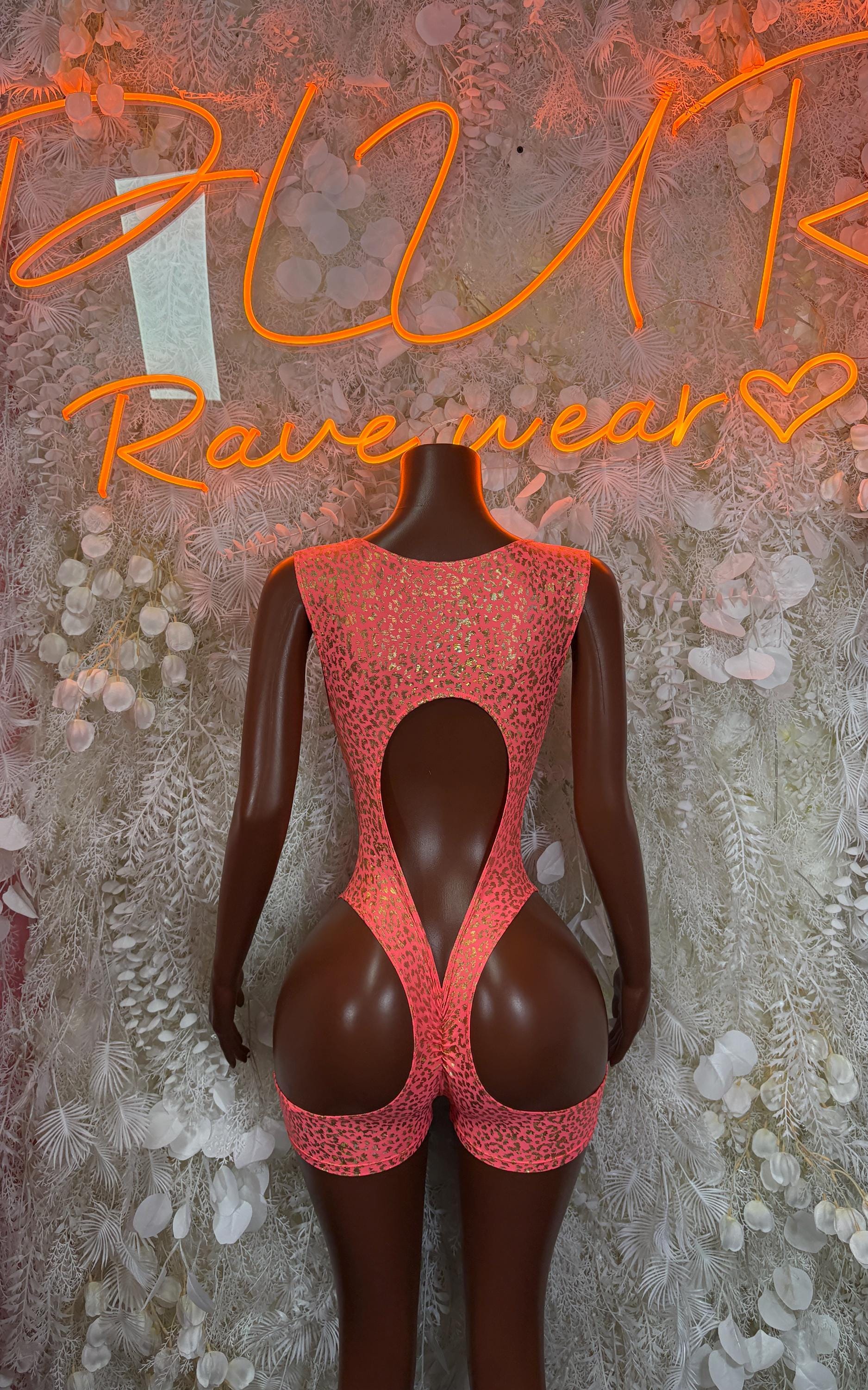 Bottlegirl Bodysuit One-Piece Coral Cheetah Print Bodysuit - Hologram Design | Exotic Dancewear for Performers, Raves