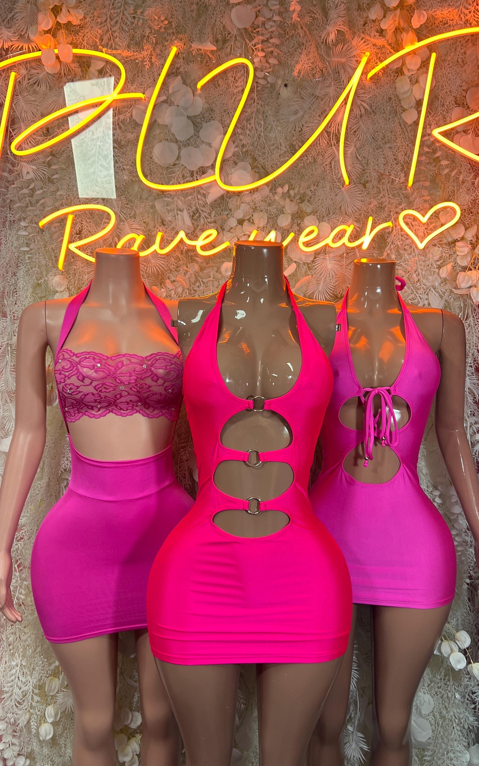 Set of three pink metallic mini dresses with halter necklines and ring hardware