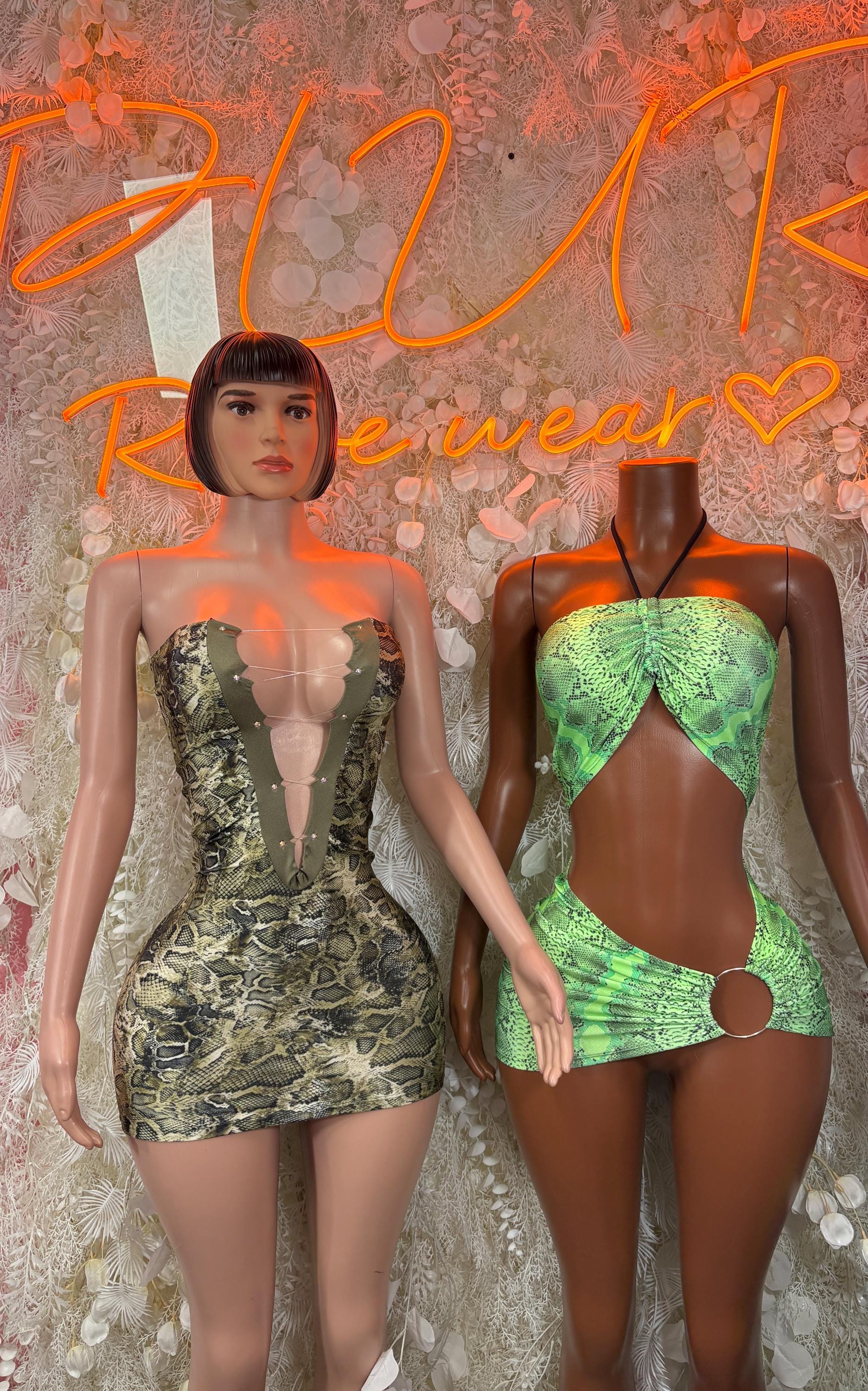 Snake print mini dress with plunging front and open-back cutout.