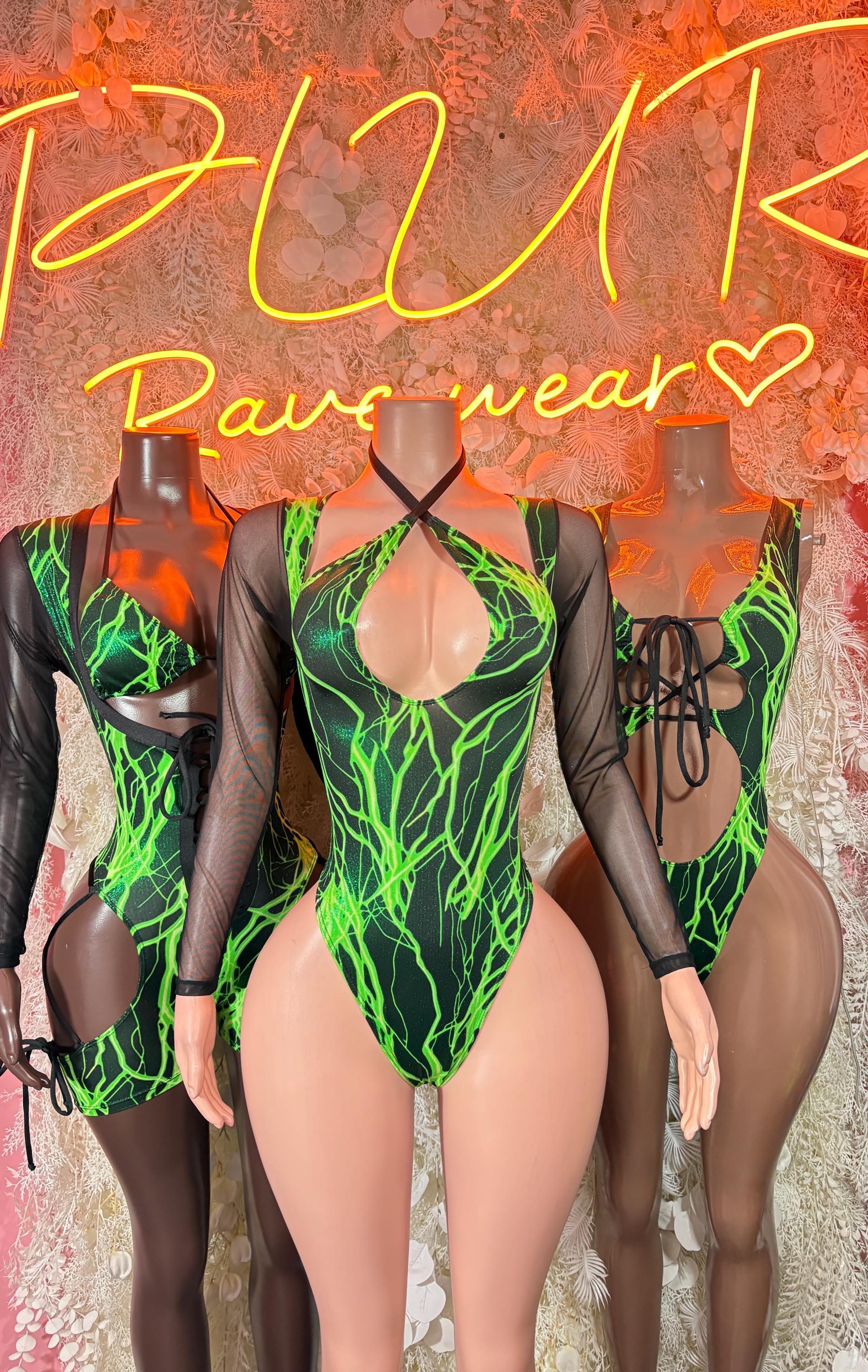 Black sheer long-sleeve bodysuit with neon green lightning graphic and side tie cutouts