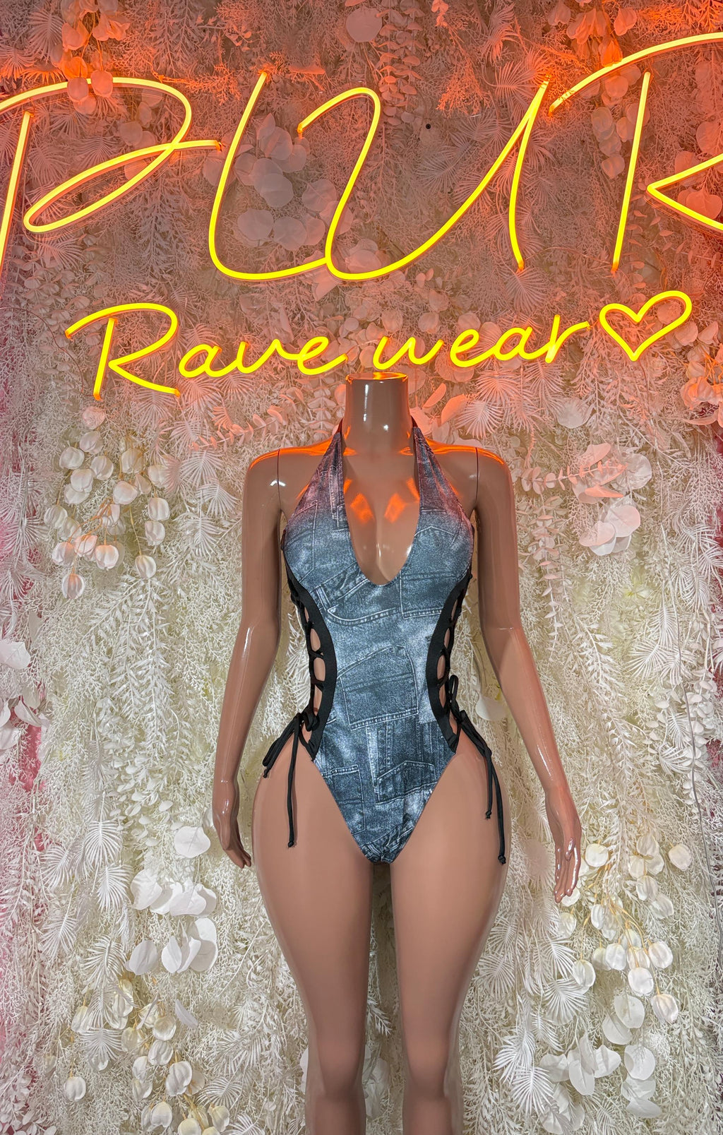 Denim-print lace-up bodysuit with sheer long sleeves, front view