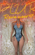 Denim-print lace-up bodysuit with sheer long sleeves, front view