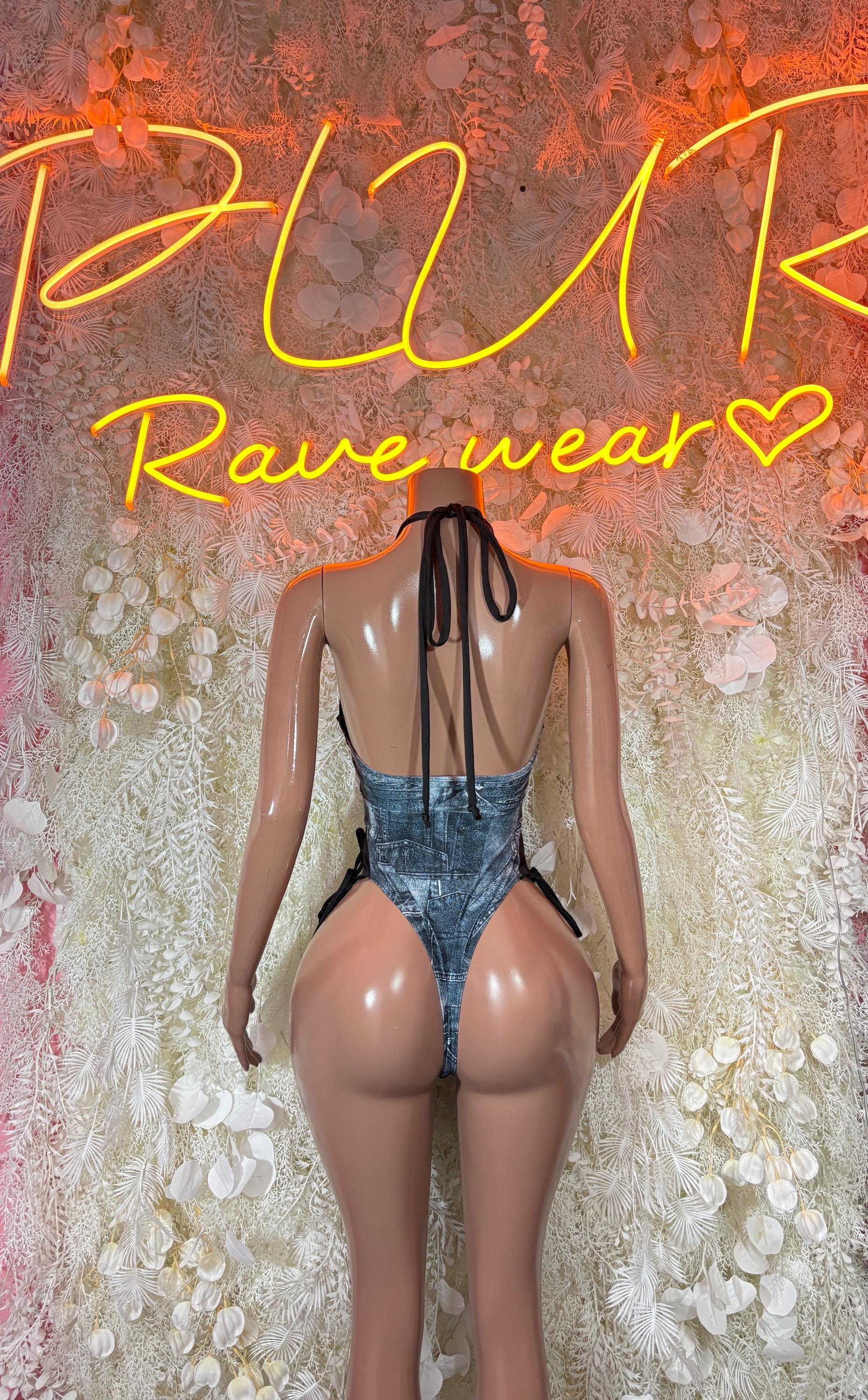 Denim-print lace-up bodysuit with open back and sheer sleeves, back view