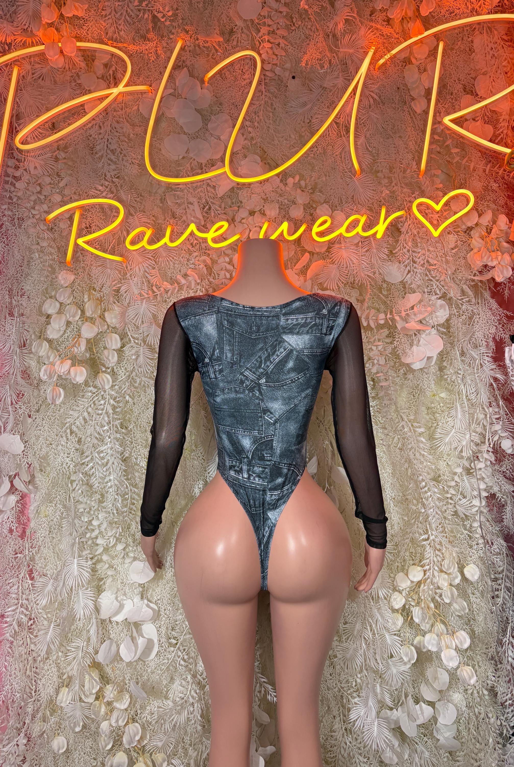 Denim-print bodysuit with sheer black sleeves and low back opening
