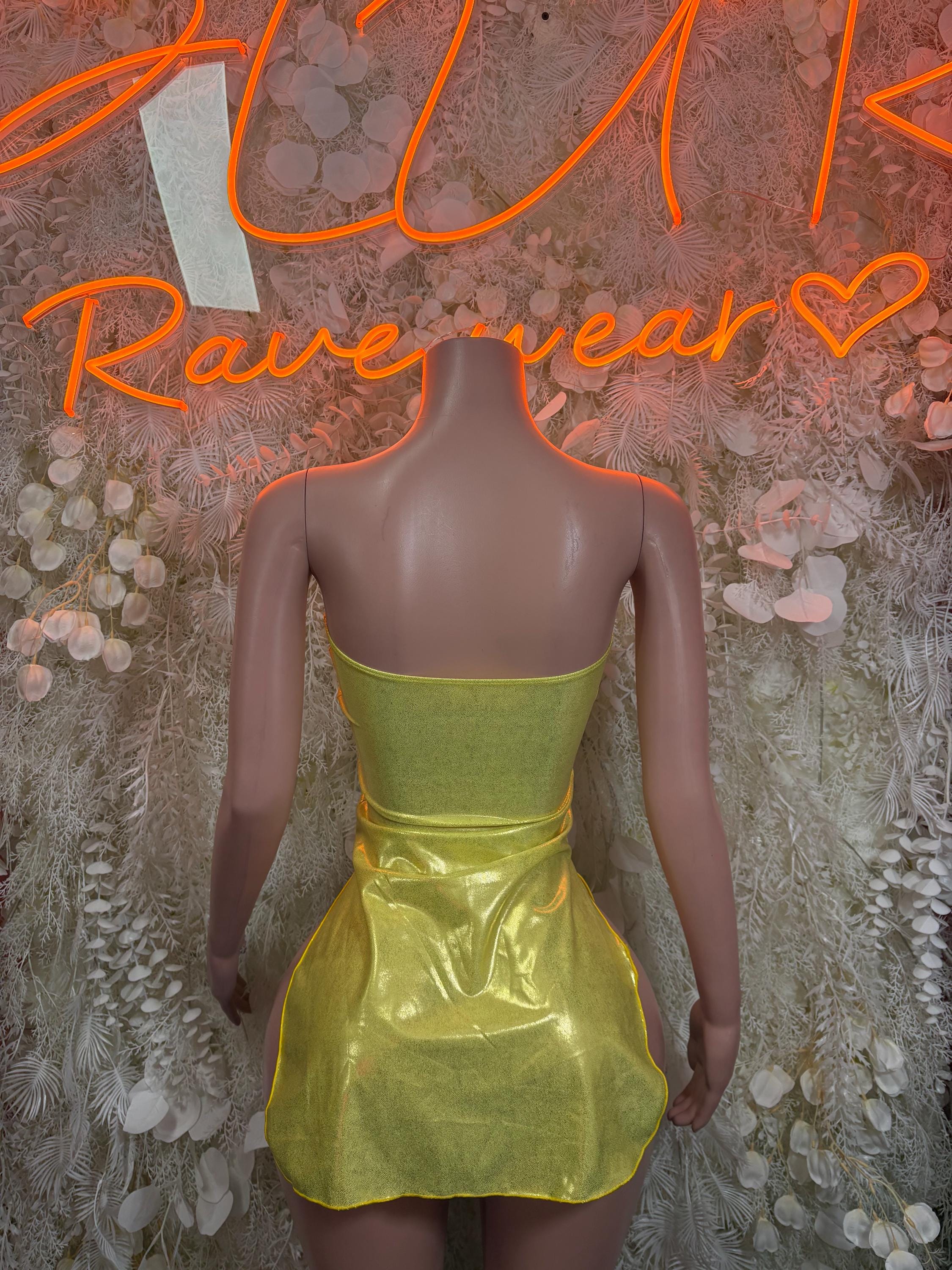 Metallic bodycon mini dress with backless oval cutout, green-gold metallic finish