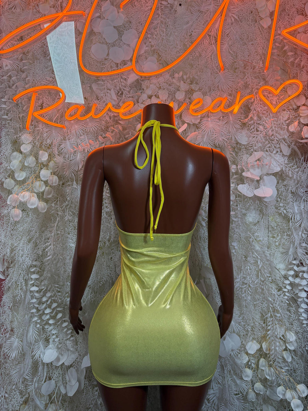 Metallic bodycon mini dress with open back and tied halter strap in green-gold
