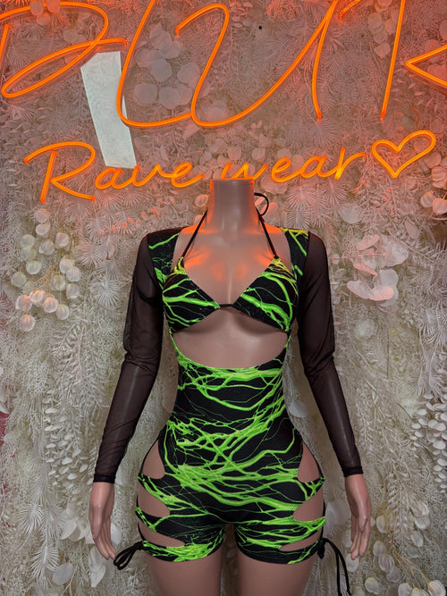 Neon green lightning one-piece bodysuit on black mesh sleeves