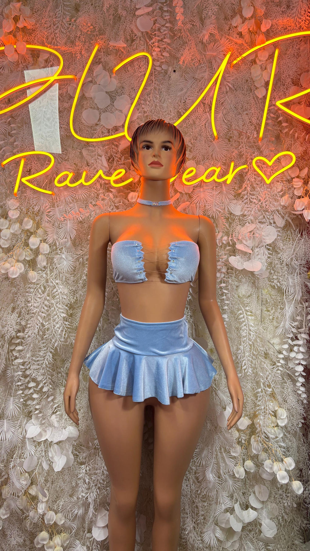 Light blue sweetheart bralette and flared mini skirt set, front view