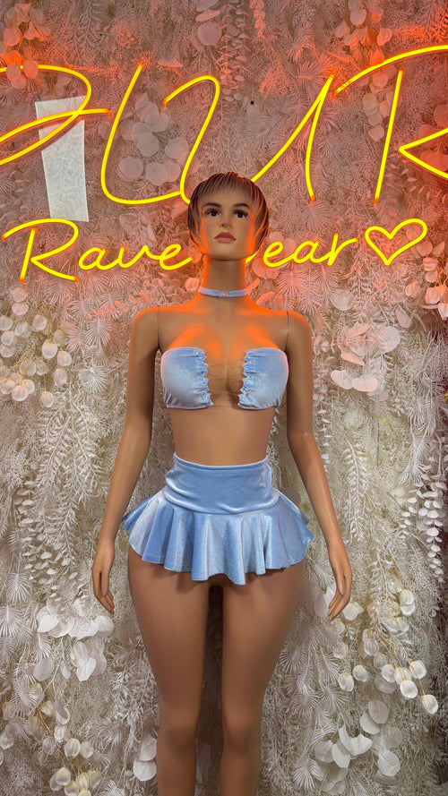 Light blue sweetheart bralette and flared mini skirt set, front view