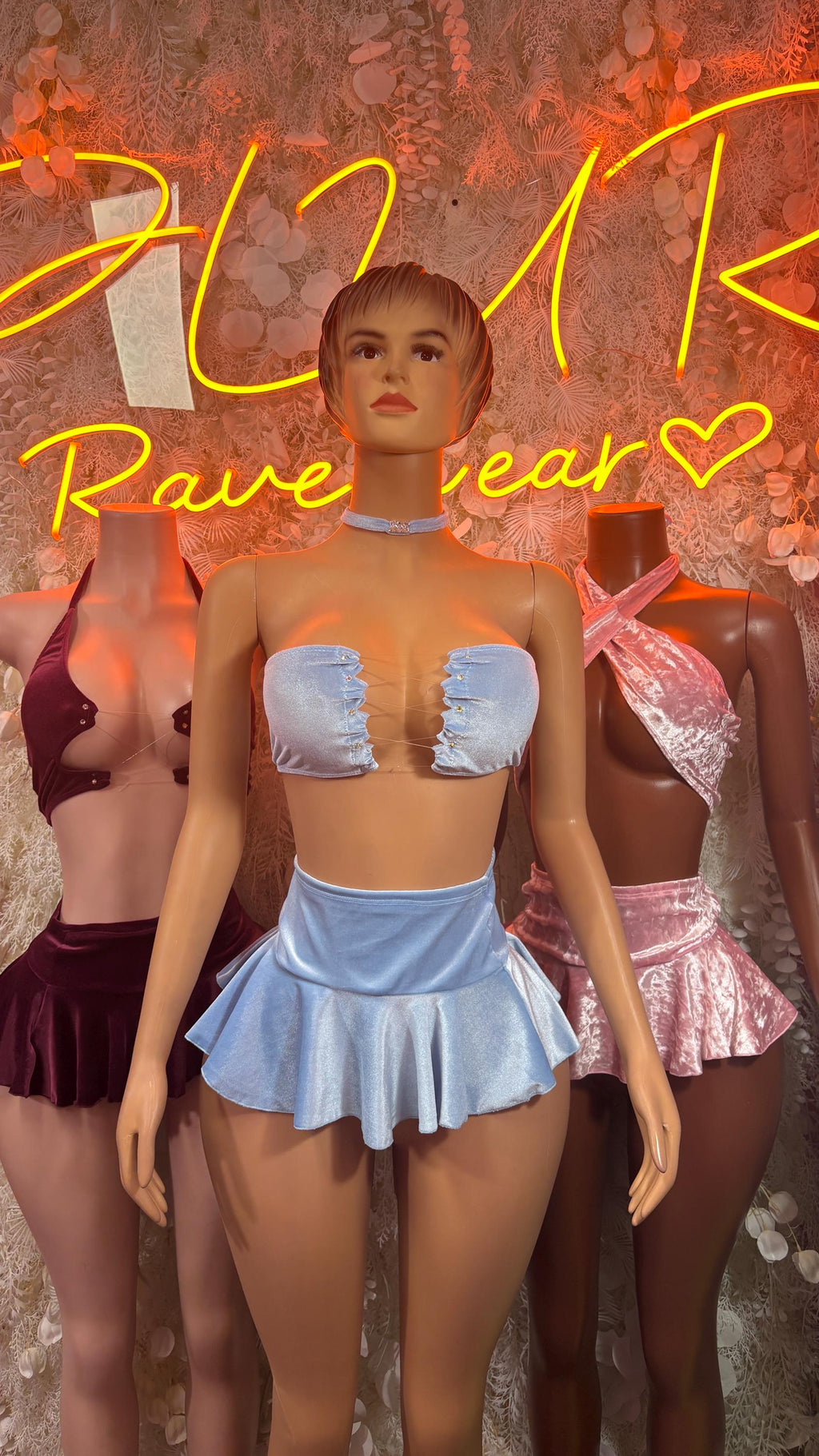 Pink Velvet Skirt Set, Valentines Rave Outfit, Clubwear