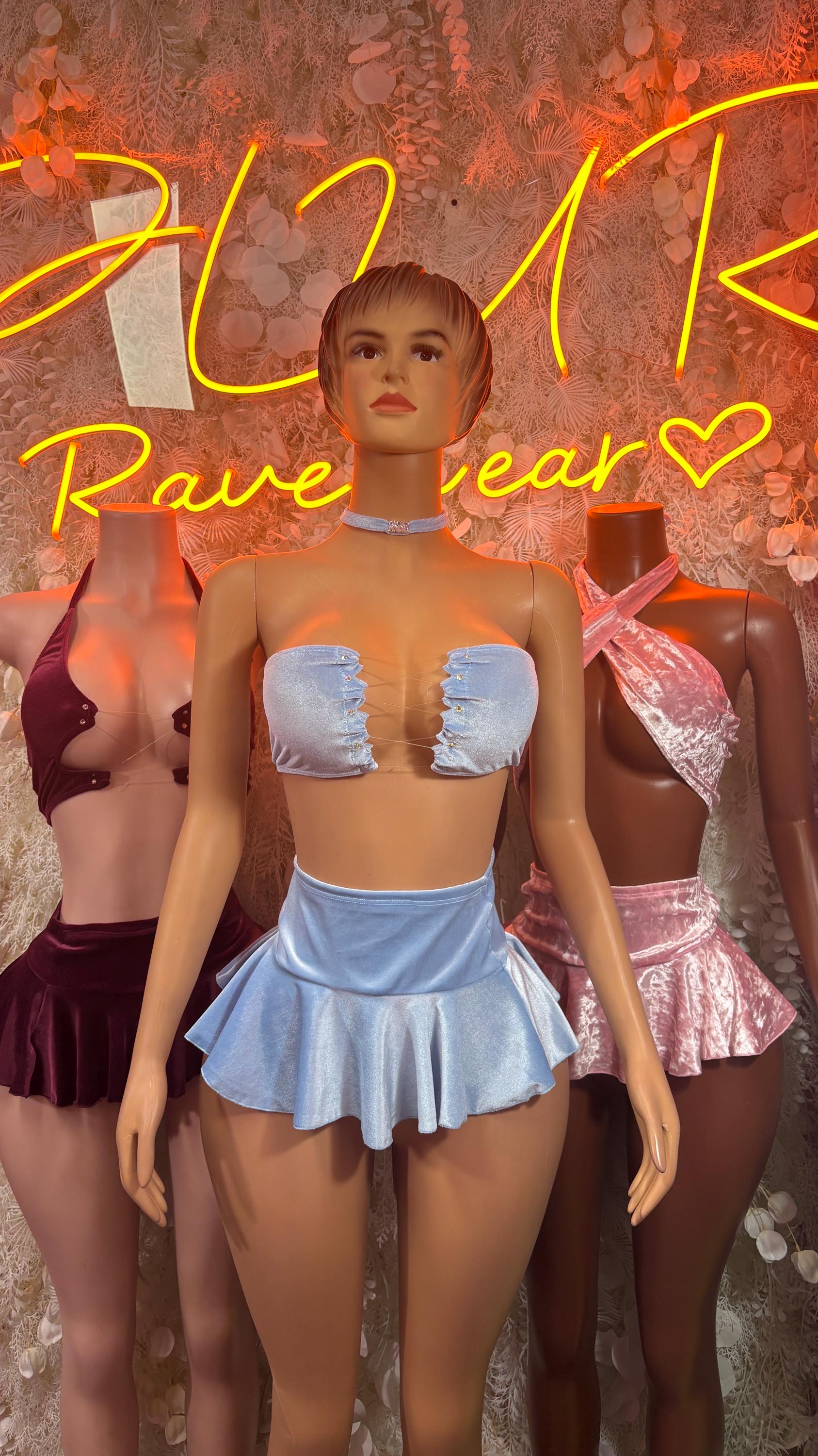 Pink Velvet Skirt Set, Valentines Rave Outfit, Clubwear