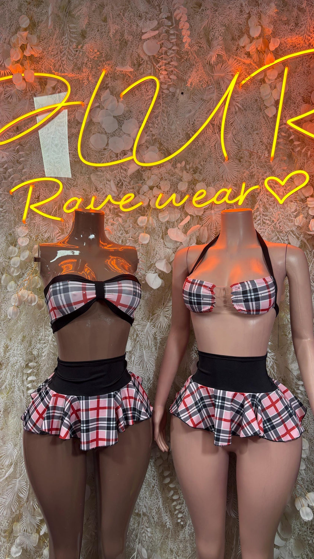 Pink Plaid Two Piece Skirt Set, Rave Festival Outfit - image 3