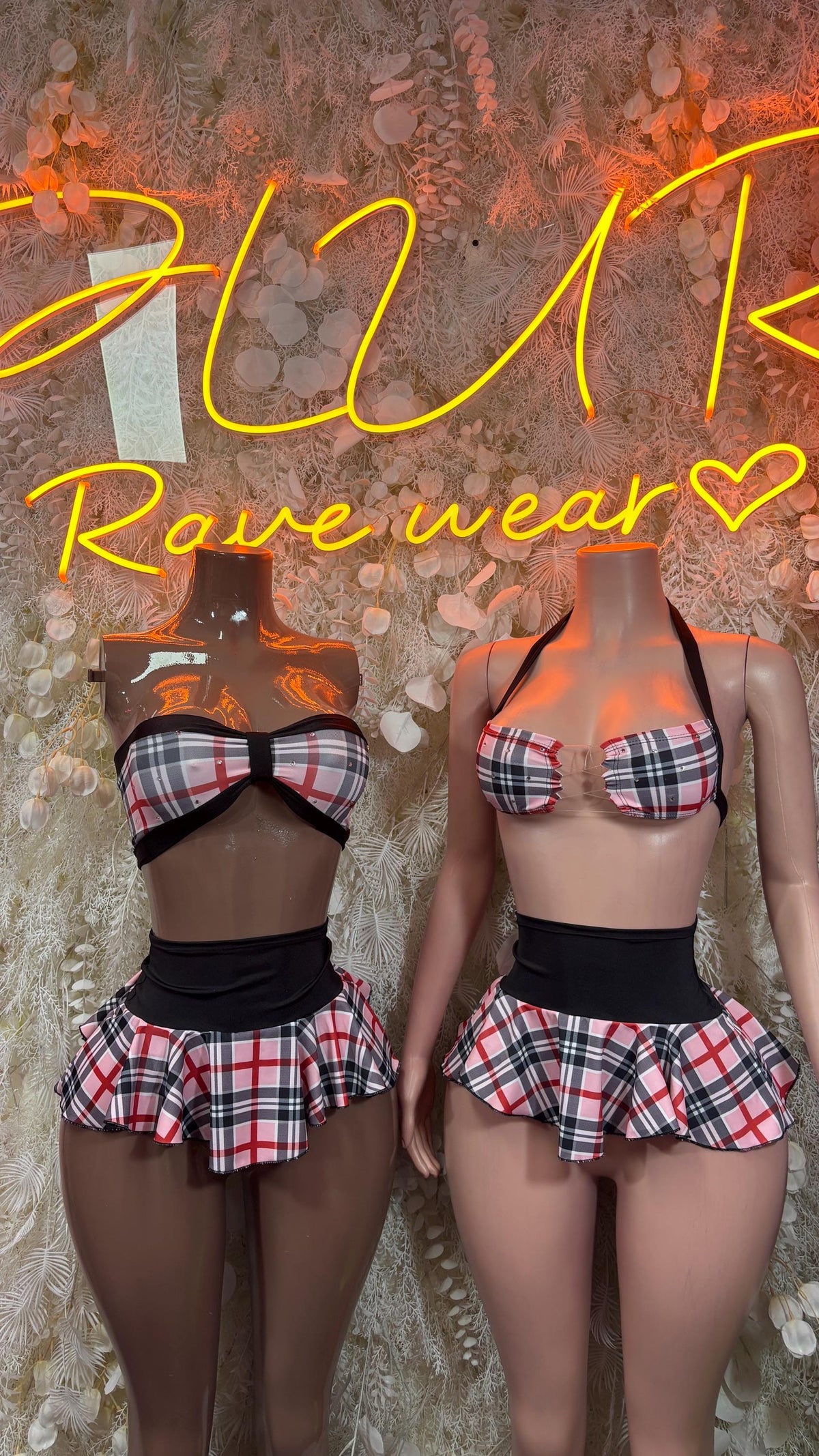 Pink Plaid Two Piece Skirt Set, Rave Festival Outfit - image 3