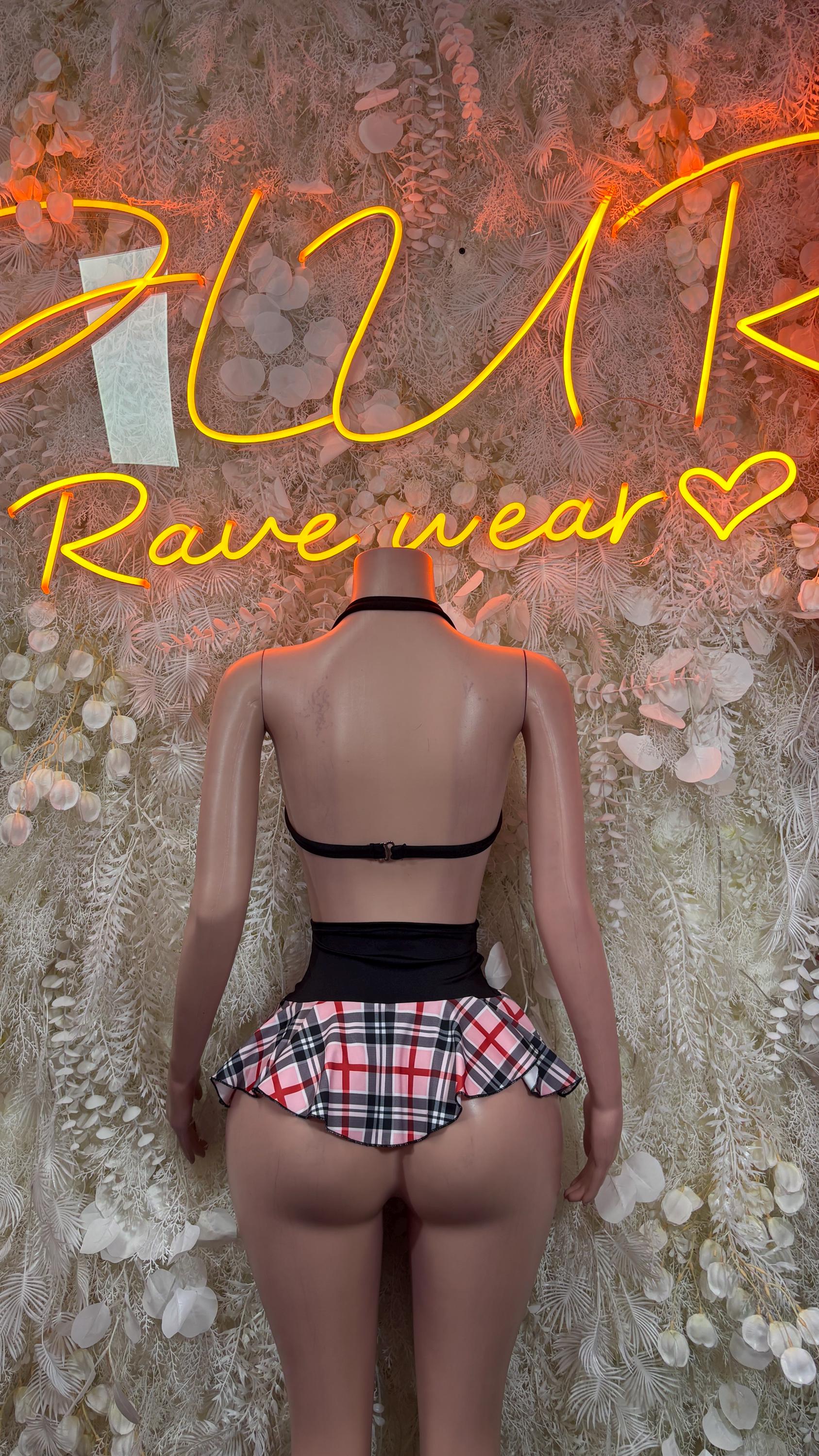 Pink-and-black plaid two-piece set, strappy bra back and pleated ruffle mini skirt