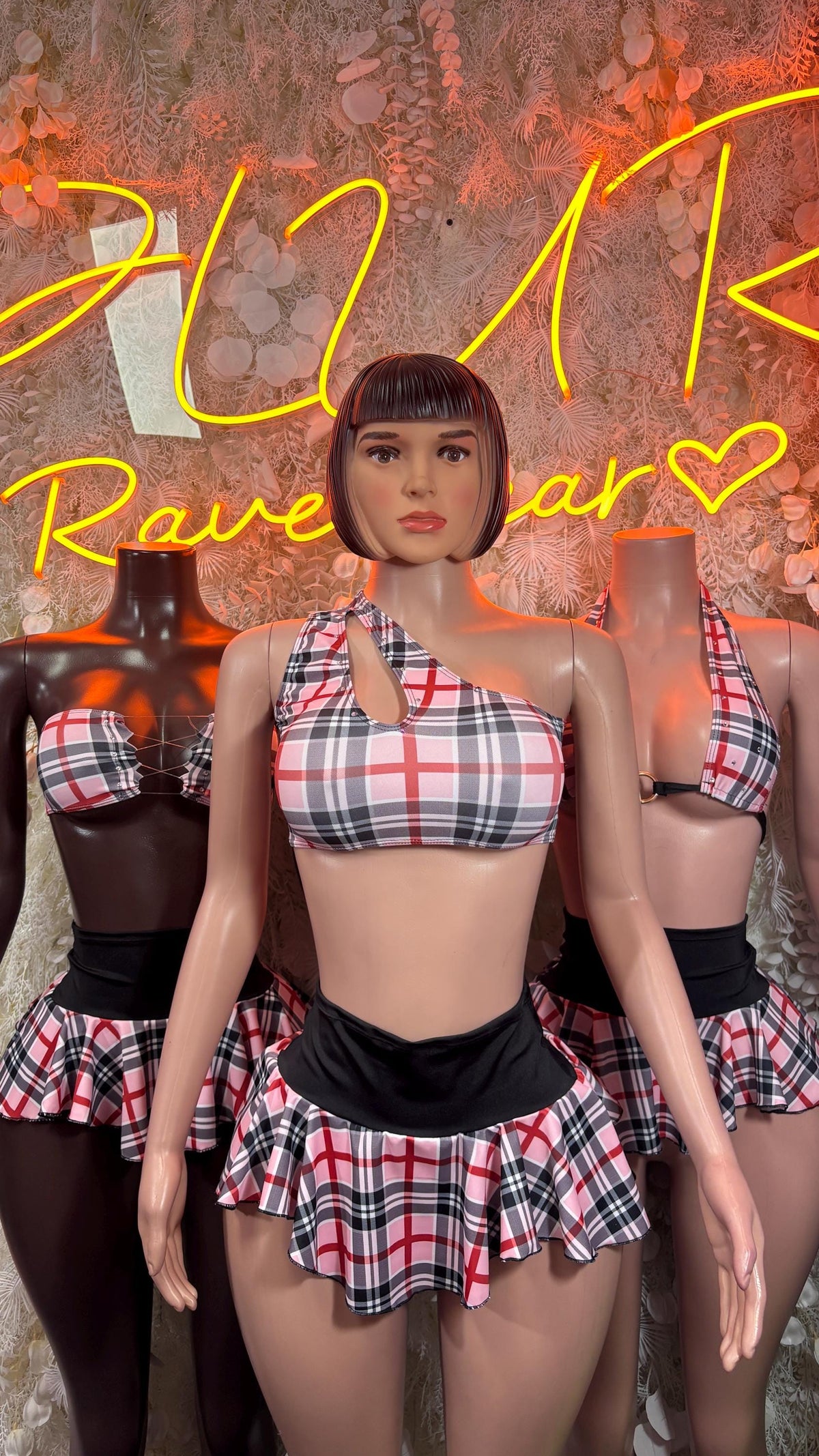 Pink Plaid Two Piece Skirt Set, Rave Festival Outfit - image 3