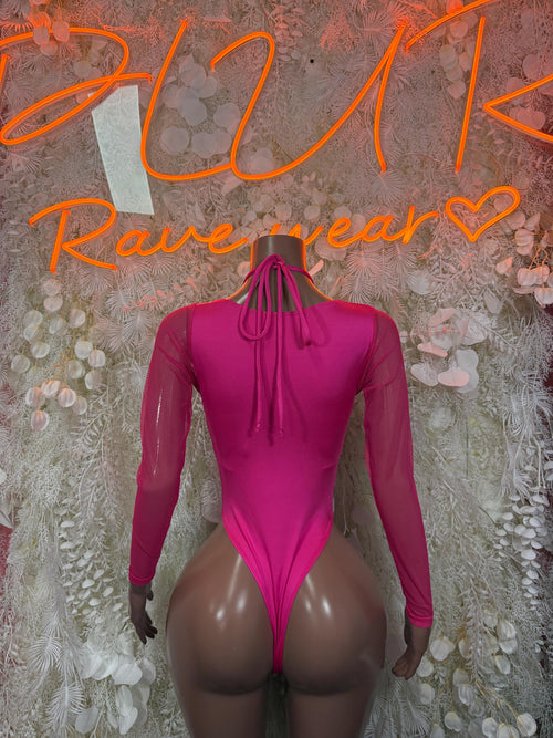 Pink lace bodysuit with low-back design and lace-up back tie