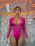 Pink long-sleeve bodysuit with deep V neckline, lace-up front and tie at waist