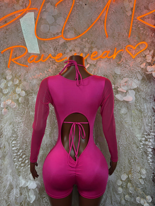 Pink long-sleeve one-piece bodysuit with open back and lace-up tie