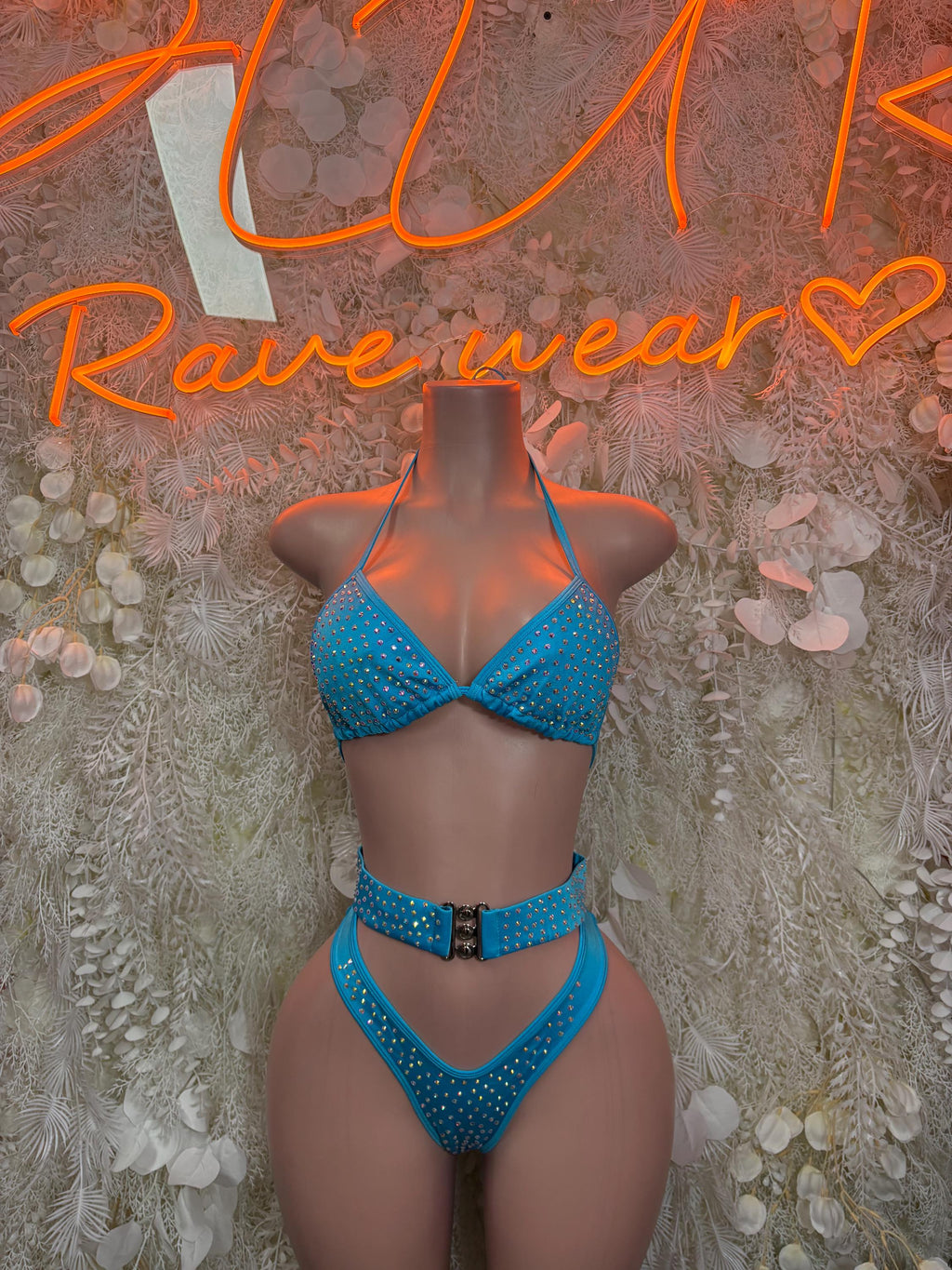 Blue rhinestone halter bikini set with matching thong bottoms
