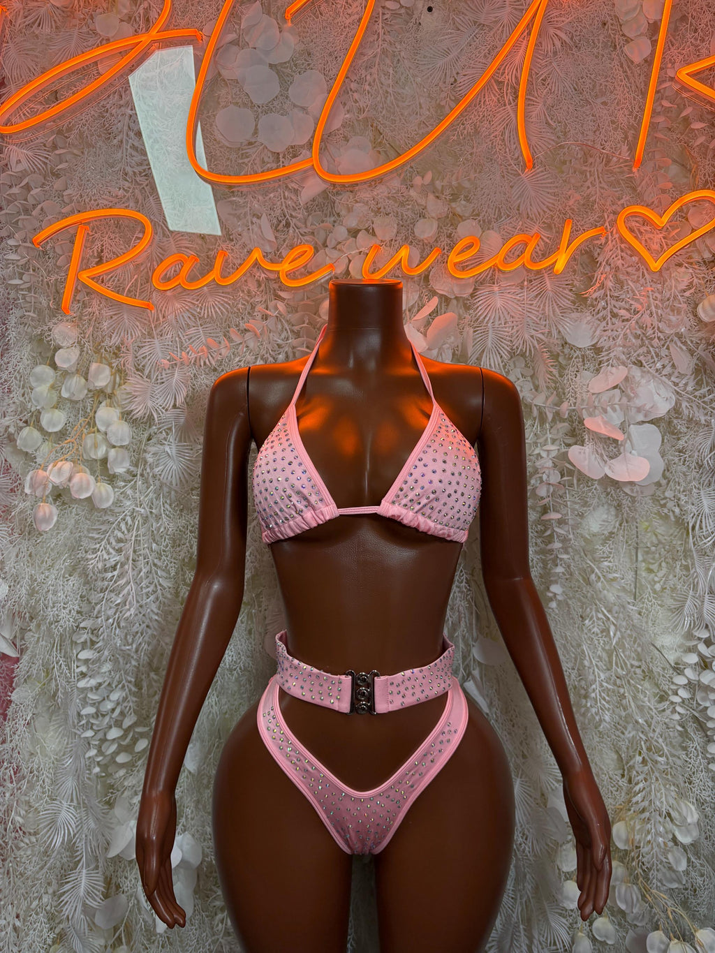 Pink rhinestone bikini set with triangle bra and high-waist thong bottoms, front view