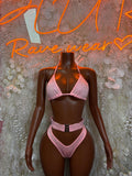 Pink rhinestone bikini set with triangle bra and high-waist thong bottoms, front view