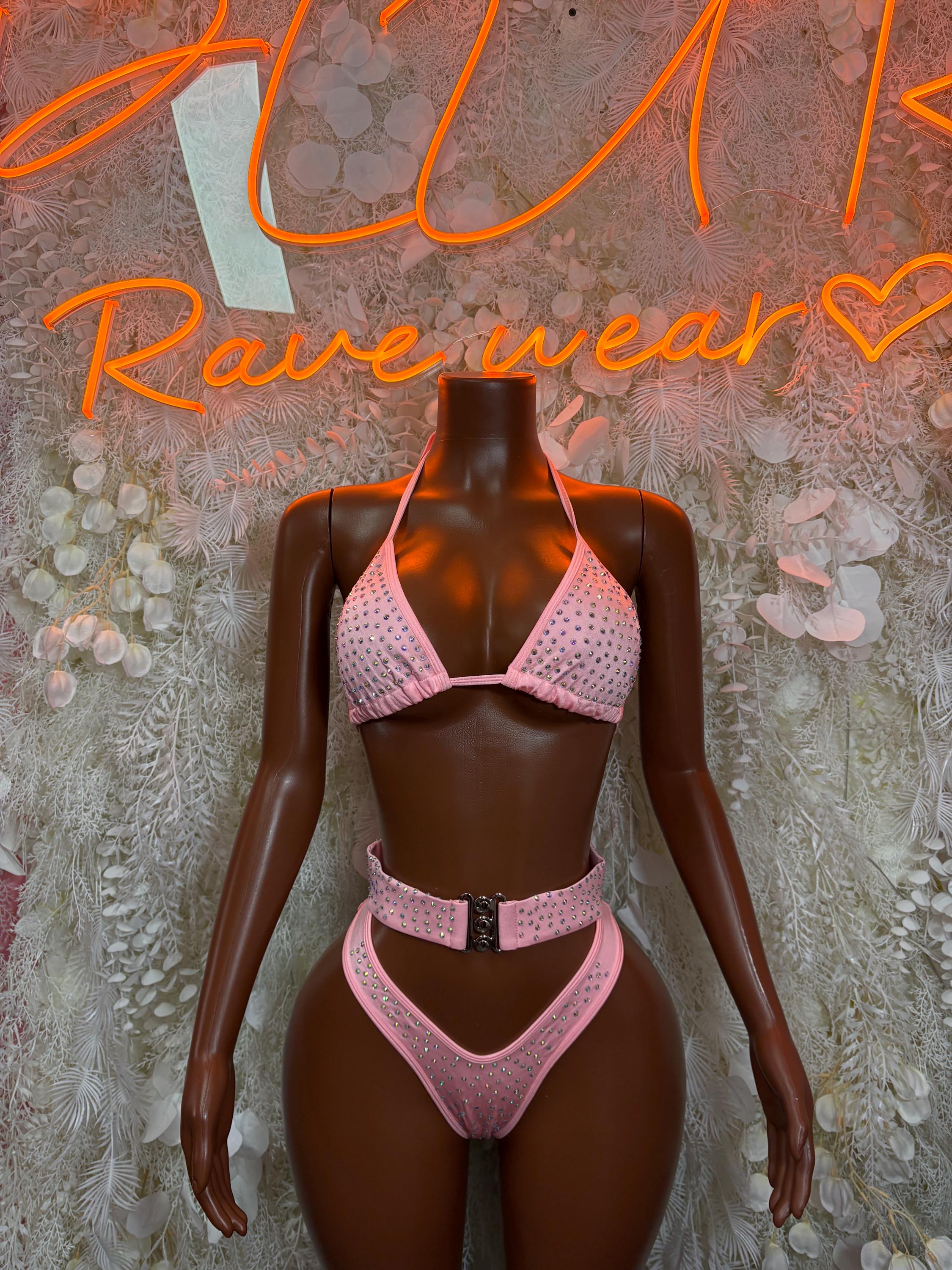 Pink rhinestone bikini set with triangle bra and high-waist thong bottoms, front view
