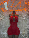 Red mini dress with halter neckline, front cutout, fitted bodycon silhouette
